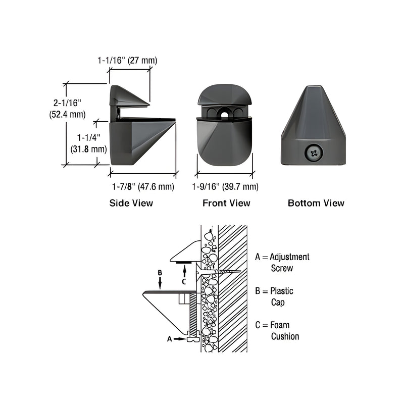 Technical diagram showing the side, front, and bottom views of a gloss black adjustable shelf clamp with installation details.
