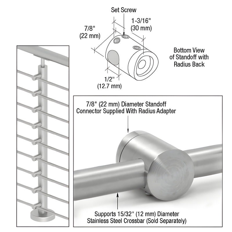 A technical diagram and close-up view showing a 7/8-inch brushed stainless steel center standoff connector with a radius back for railing systems.