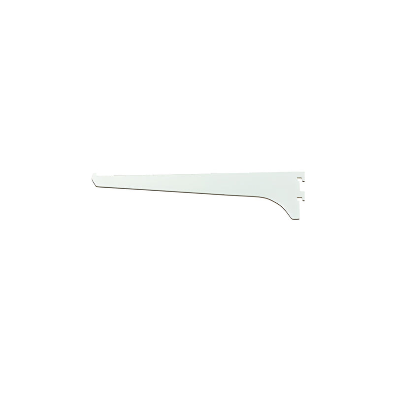 A side profile view of a satin anodized aluminum shelf bracket with a tapered design.