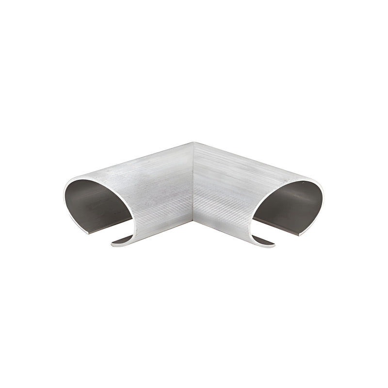 A 90-degree horizontal internal splice connector made of mill finish 6063-T6 aluminum for 4-inch oval cap rails.