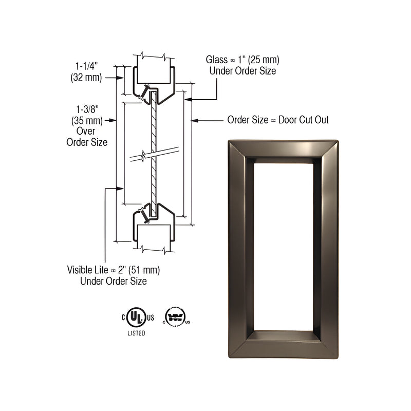 A bronze 8" x 32" door vision lite frame shown next to a technical diagram detailing installation dimensions.