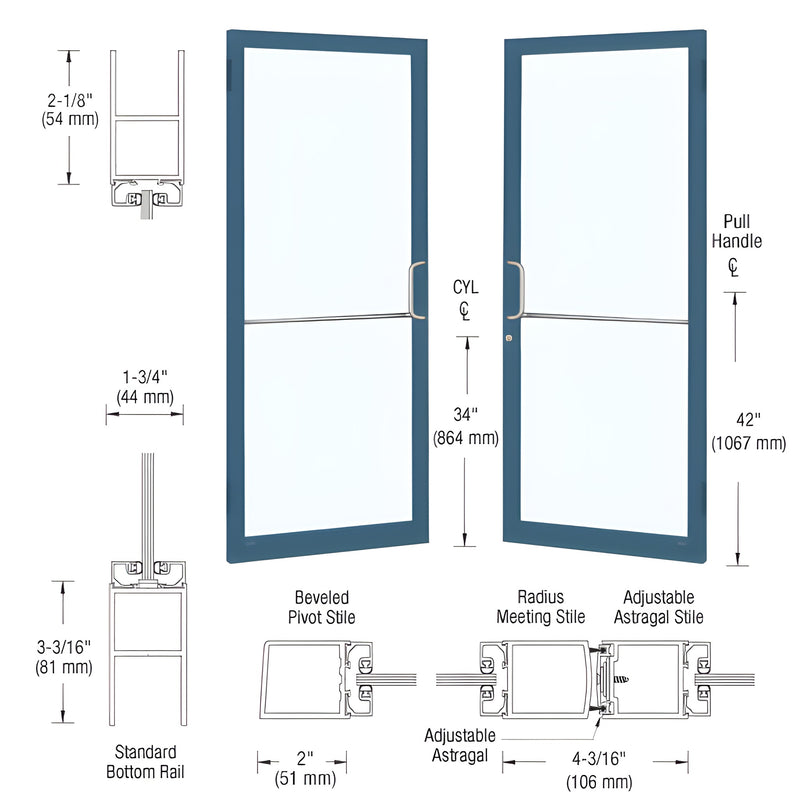 Technical diagram showing the elevation and cross-section profiles of a pair of Series 250 narrow stile aluminum showroom doors.