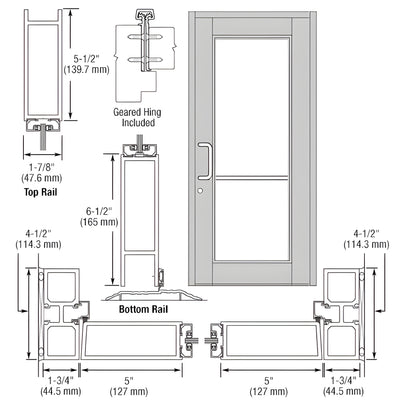CRL-U.S. Aluminum Clear Anodized Custom Single Series 850 Durafront Wide Stile Geared Hinge Entrance Door for Surface Mount Door Closer