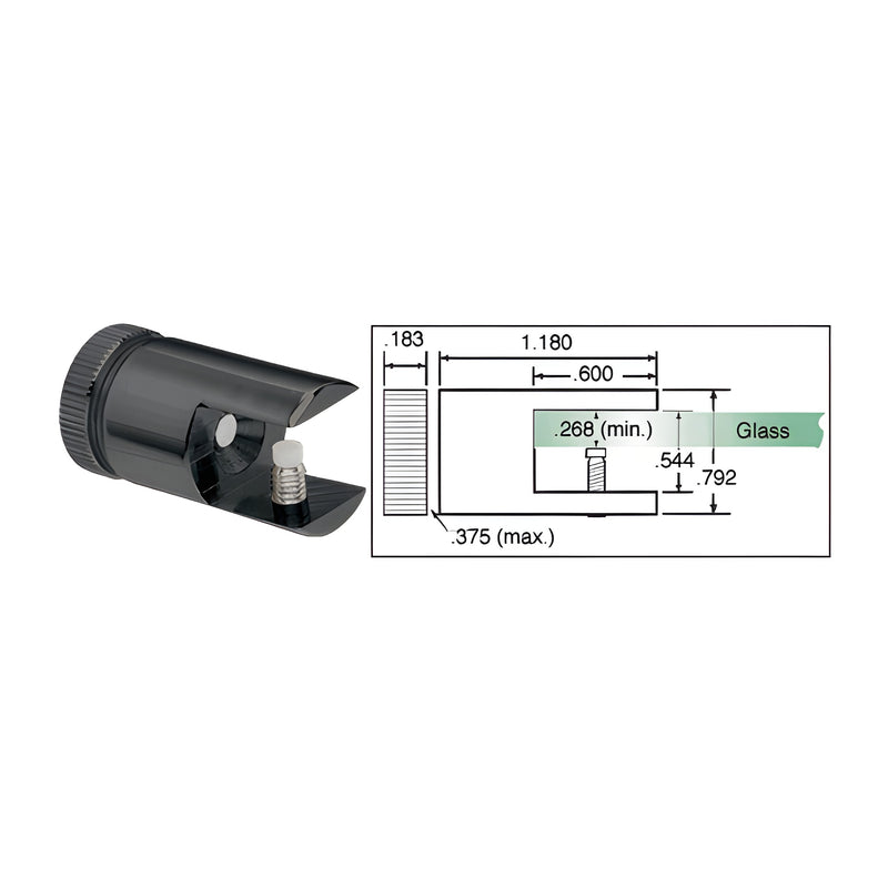 A black CRL shelf connector shown alongside a technical diagram illustrating its dimensions and glass mounting specifications.