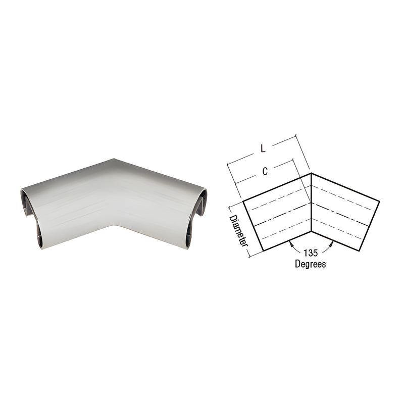 A brushed stainless steel 135-degree horizontal corner connector for 2-inch diameter glass cap railing shown with a technical line drawing.