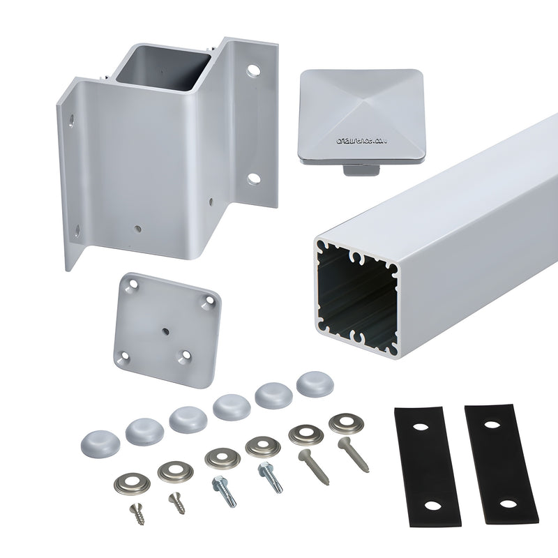 A 90-degree inside fascia mount post kit in clear anodized aluminum, featuring a square post, mounting bracket, end cap, and assorted installation hardware.
