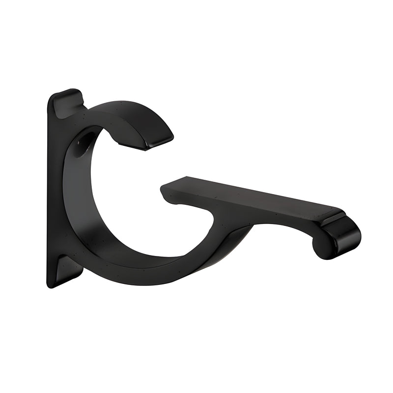 A single gloss black aluminum shelf bracket with a decorative curved design.