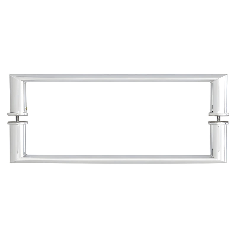 A polished chrome back-to-back towel bar featuring a tubular design for glass mounting.