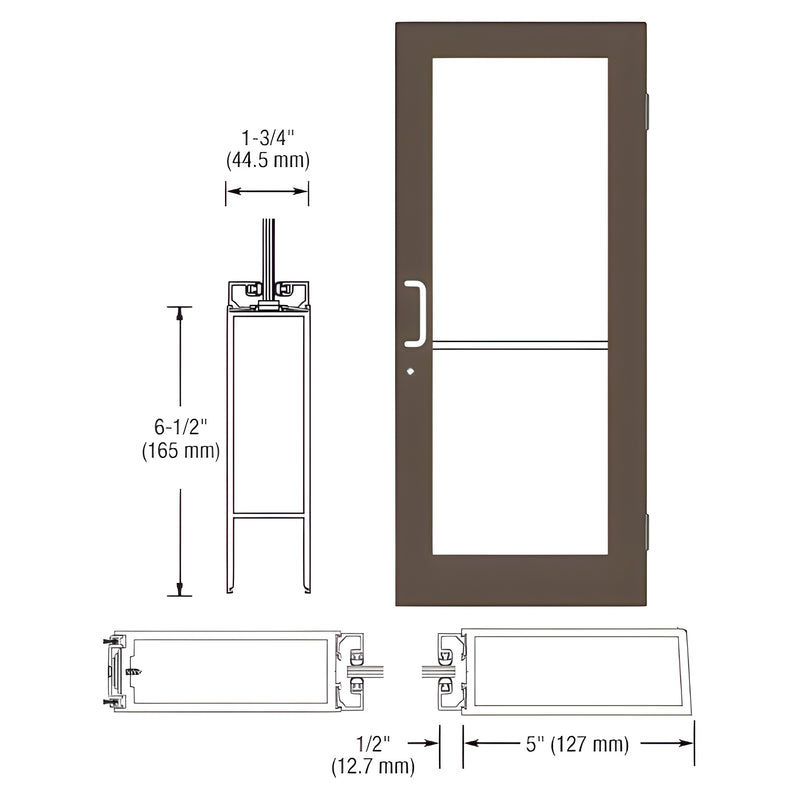 Technical diagram showing the profile and elevation of a 550 Series wide stile active door leaf in black bronze anodized finish.