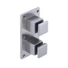A brushed stainless steel square glass rail standoff fitting featuring a mounting plate with two square mounts.