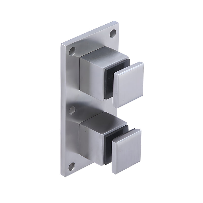 A brushed stainless steel square glass rail standoff fitting featuring a mounting plate with two square mounts.