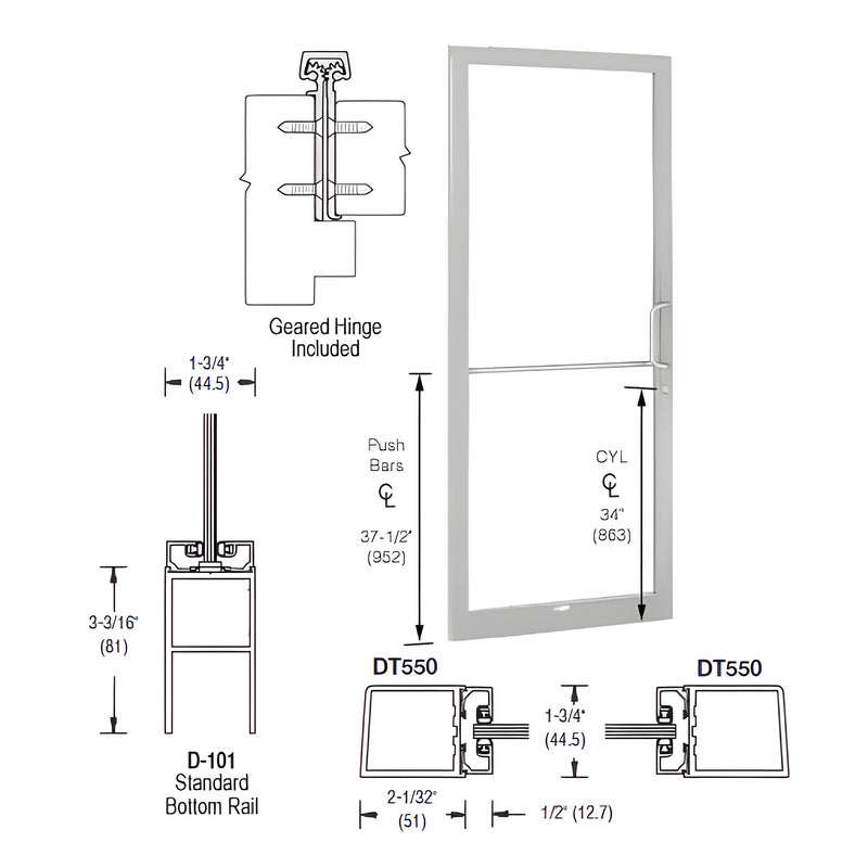 Technical diagram showing the assembly of a 250 Series narrow stile single door with geared hinge, push bars, and standard bottom rail.
