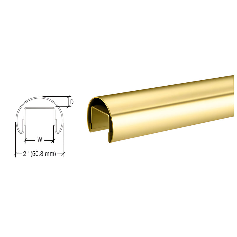 A technical cross-section diagram and a 3D view of a 50.8 mm polished brass premium cap rail for glass railings.