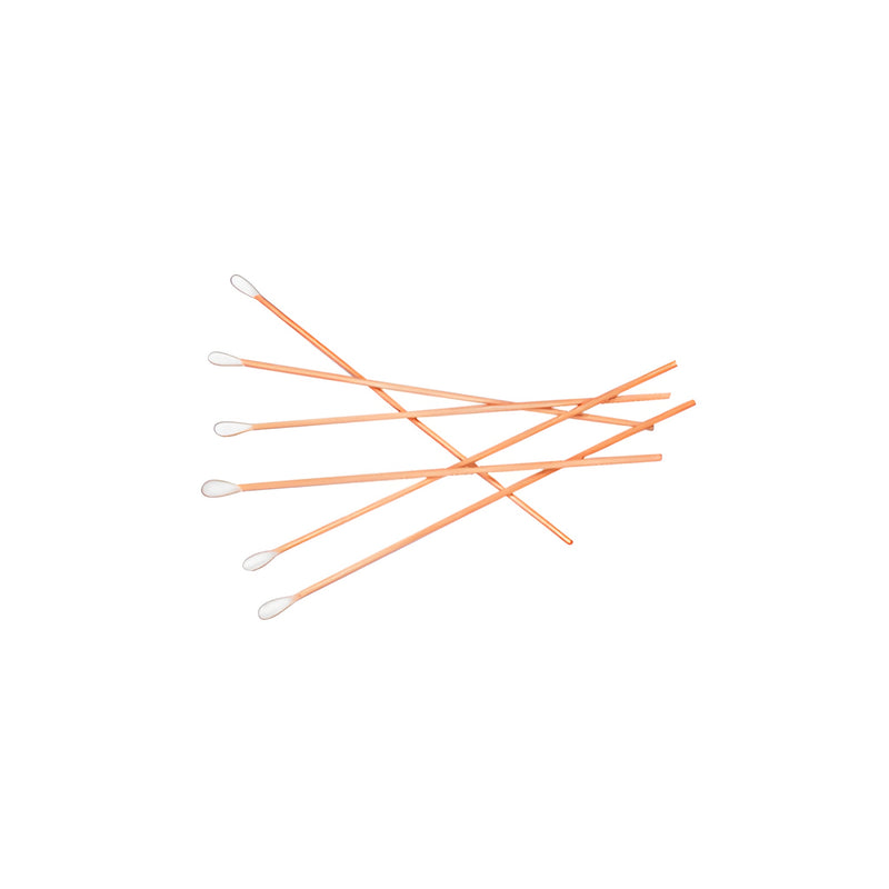 A group of six-inch cotton swabs with wooden shafts arranged against a white background.