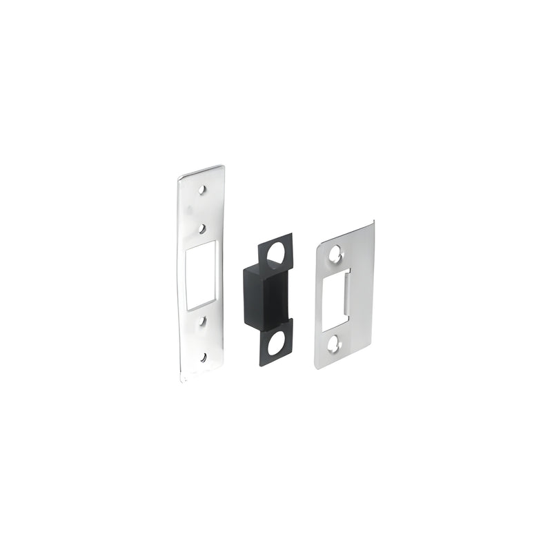 A brushed stainless steel deadlatch strike set including a strike plate, mounting bracket, and internal components.