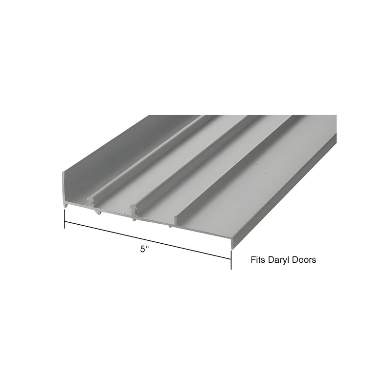 A close-up view of a 5-inch wide aluminum patio door threshold designed for Daryl Doors.
