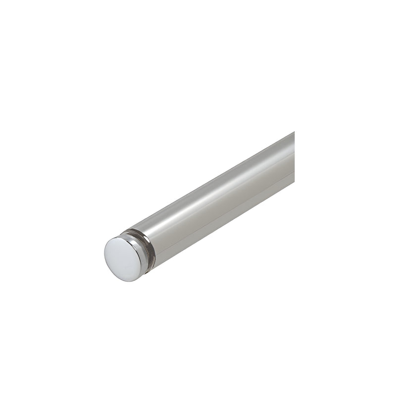 A close-up view of a 3/4-inch diameter polished stainless steel tube featuring a single finished end cap.