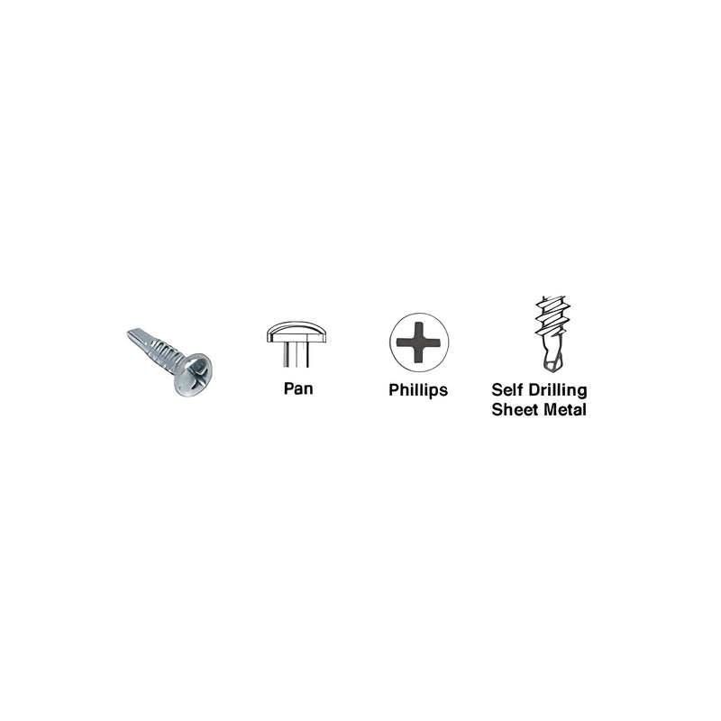 A technical illustration showing a 1-inch pan head Phillips self-drilling screw alongside diagrams of its head style, drive type, and drill point.