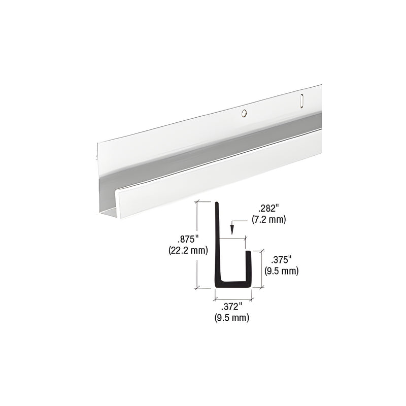 A length of satin anodized aluminum J-channel is shown alongside a technical cross-section diagram detailing its dimensions.