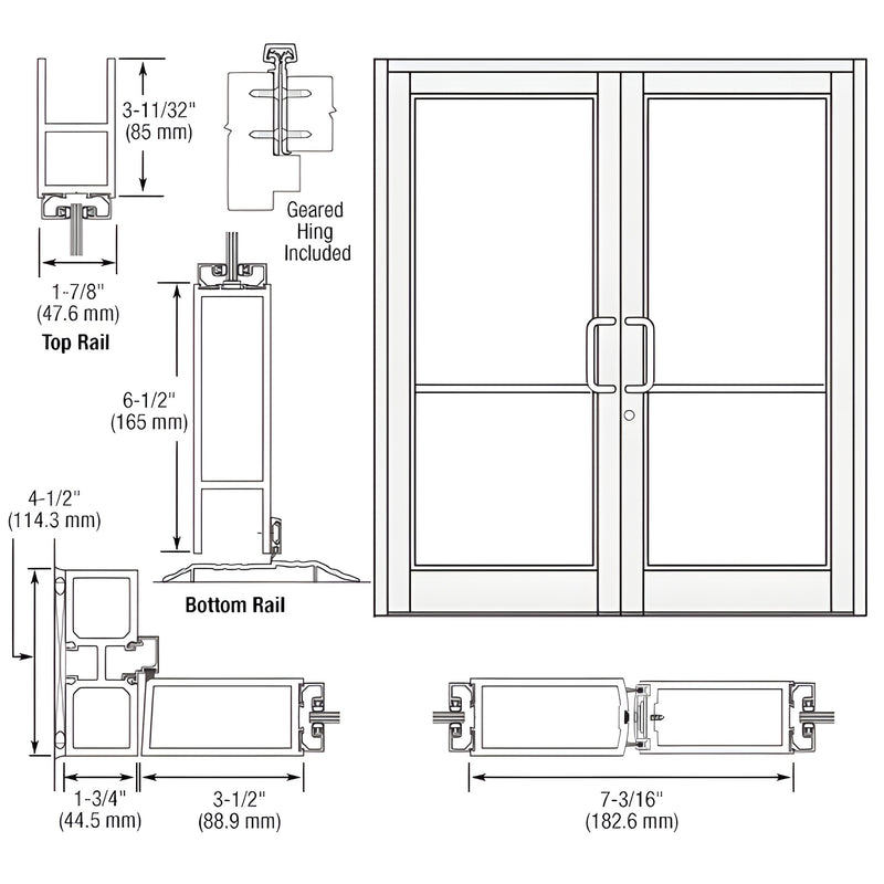 Technical line drawing showing the profile dimensions of a Series 800 Durafront medium stile geared hinge entrance door pair.