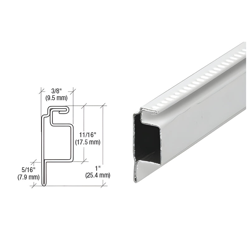A white roll-formed screen frame with a reversed lip design shown alongside a technical cross-section diagram.