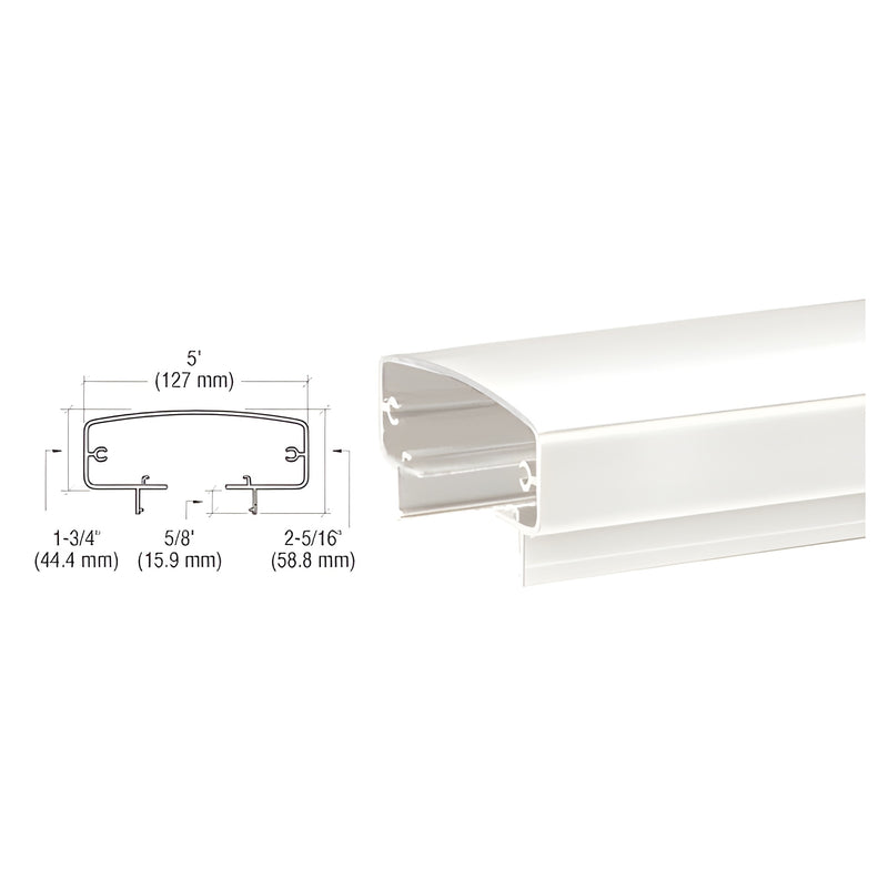 A technical cross-section diagram and a perspective view of the white aluminum 400 Series top rail.