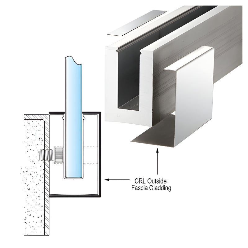 A technical diagram showing the installation of CRL L68S Series outside fascia cladding onto a stainless steel railing base.