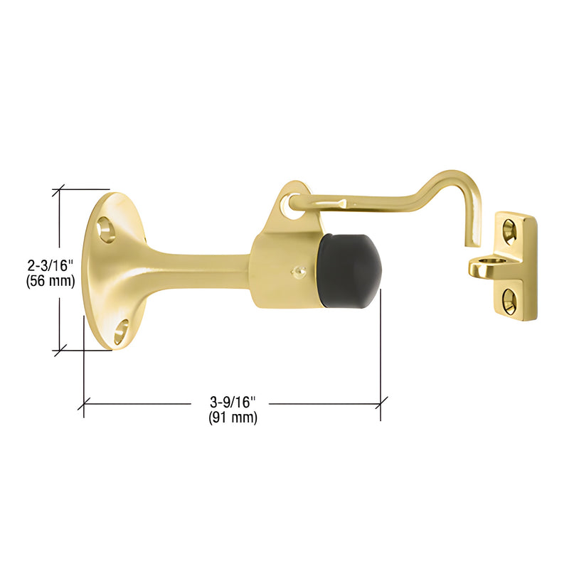 A polished brass wall-mounted door stop with a hook and holder mechanism shown with dimensional technical specifications.