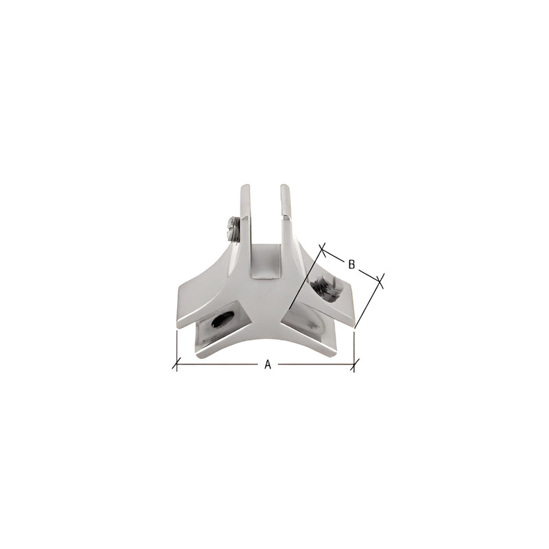 A polished chrome 3-way 120-degree glass furniture connector designed for 3/4-inch glass panels.