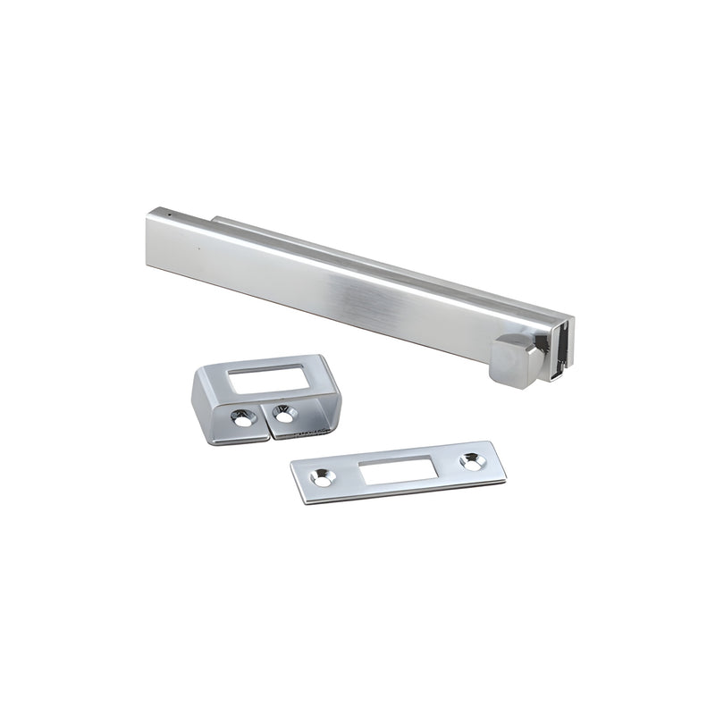 A brushed chrome heavy-duty surface bolt with an 8-inch length, a matching strike, and a floor keeper.