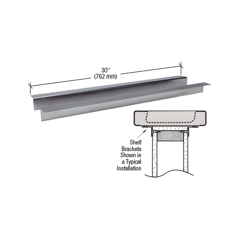 A 30-inch brushed stainless steel shelf bracket is shown alongside a diagram illustrating a typical installation.