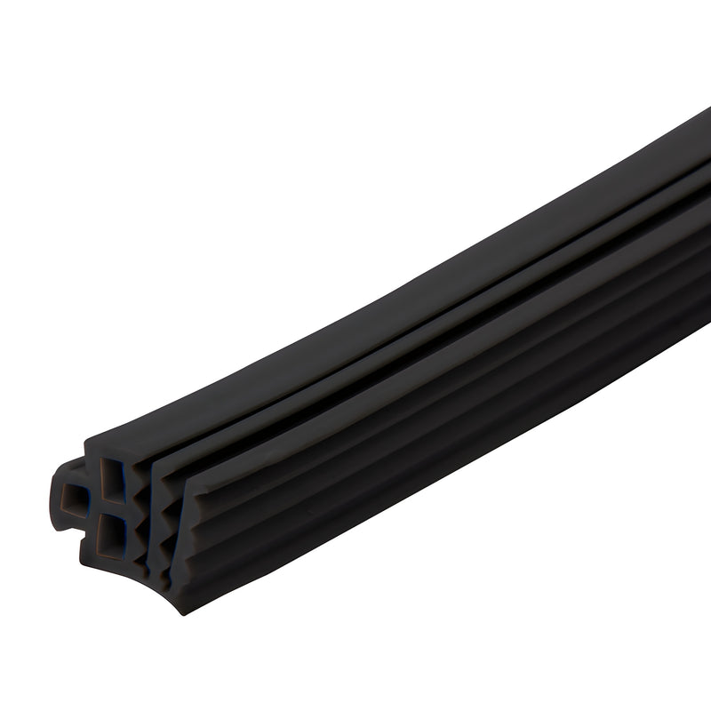 A close-up view of a black EPDM rubber glazing gasket showing its ribbed profile and internal hollow channels.