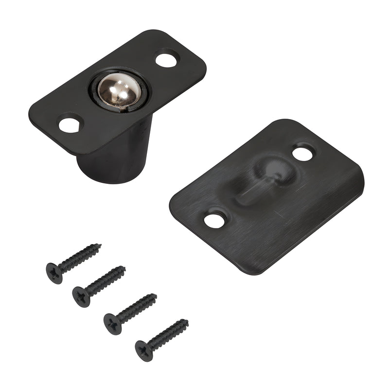 A black steel residential ball catch mechanism shown alongside its matching strike plate and four flat head wood screws.