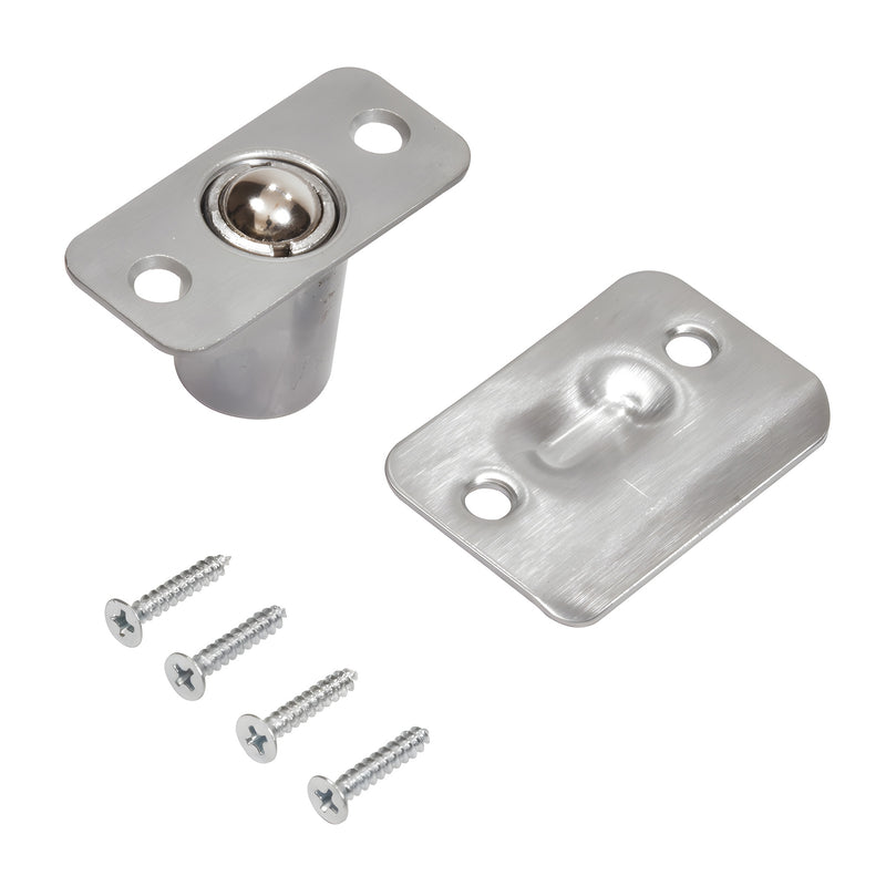 A dull chrome residential ball catch mechanism shown alongside its matching strike plate and four flat head wood screws.