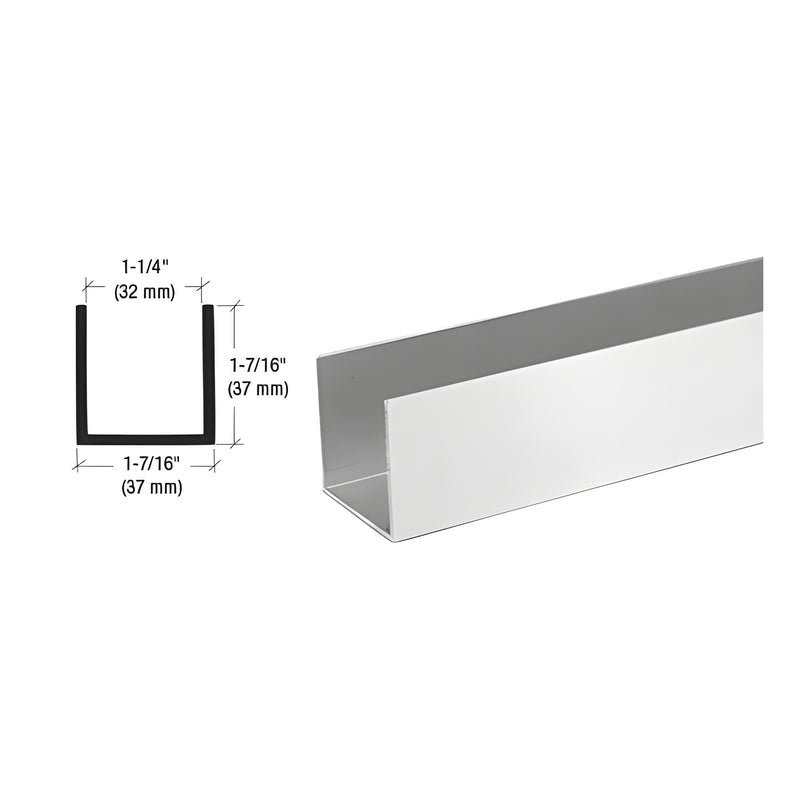 A technical diagram and perspective view of a satin anodized aluminum U-channel extrusion designed for 1-1/4 inch thick glazing.