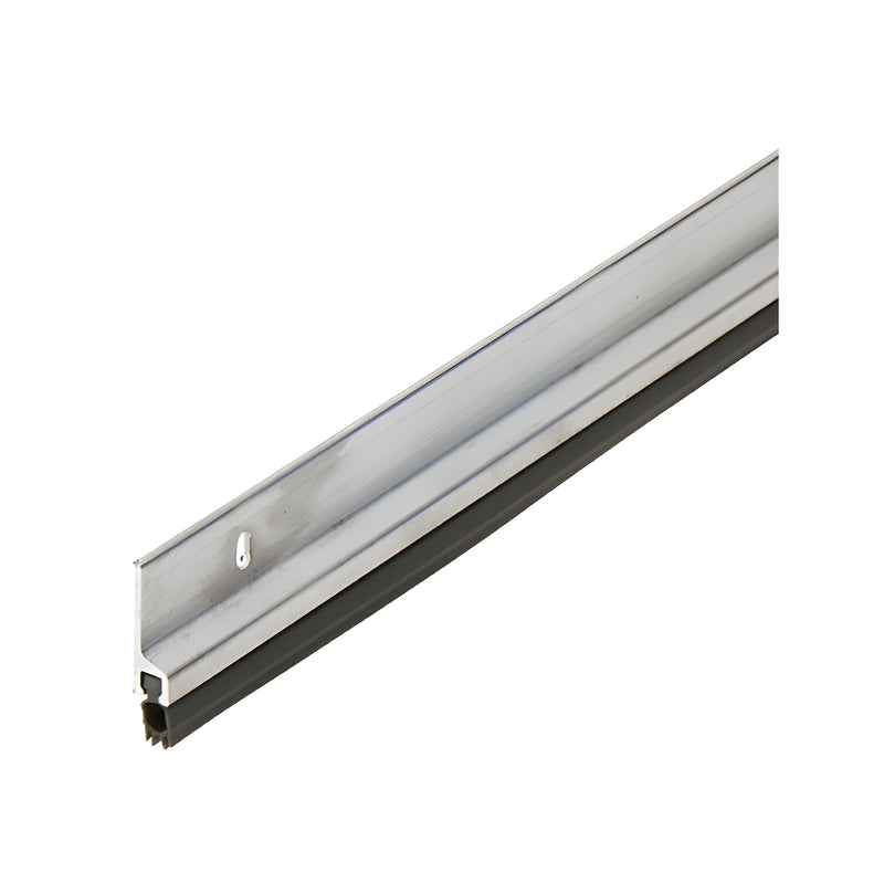 A close-up view of an extruded aluminum weatherseal strip with a black vinyl bulb gasket and a beveled faceplate.