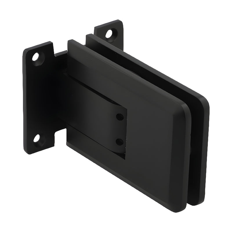 A matte black Atlas series wall-mount glass door hinge shown from an angled perspective.