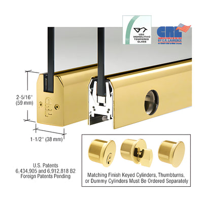 CRL Polished Brass 1/2" Glass Low Profile Tapered Door Rail With Lock - Custom Length