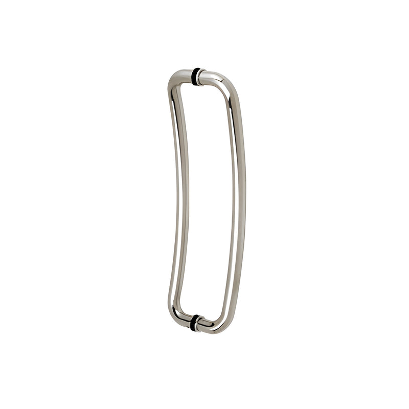 A polished stainless steel curved round tube handle designed for back-to-back glass mounting.