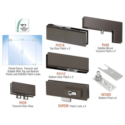 CRL Black Bronze Anodized European Patch Door Kit for Double Doors for Use with Fixed Transom and Two Sidelites - With Lock