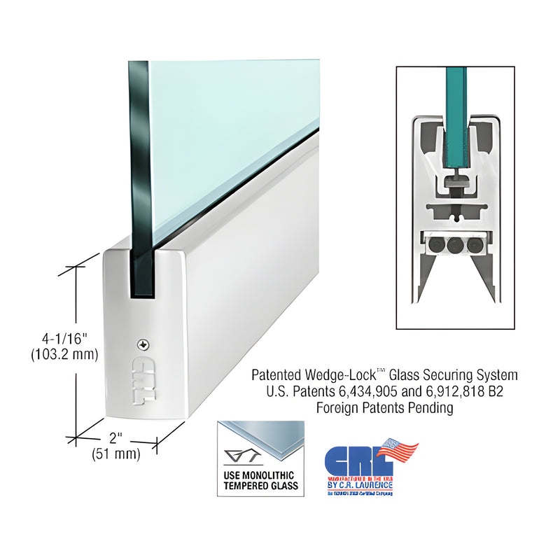 A polished stainless steel square door rail securing a piece of 1/2 inch glass with a cross-section diagram showing the Wedge-Lock system.