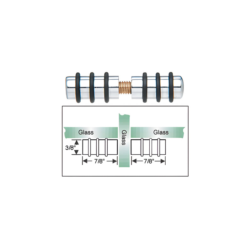 A polished chrome brass double glass shelf support shown with a diagram illustrating its installation between glass panels.