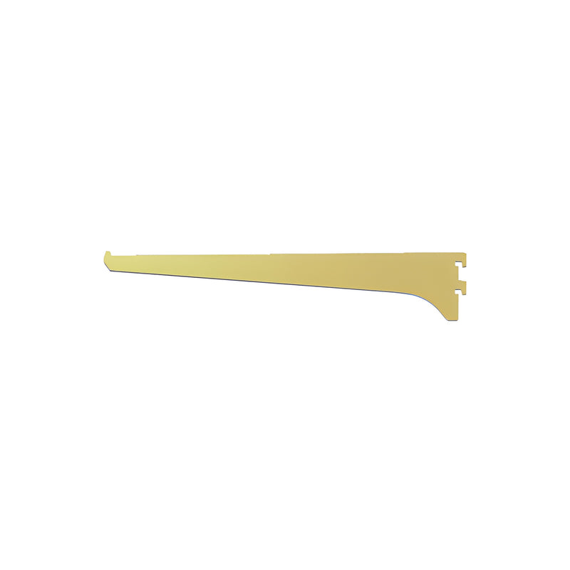 A side view of a 12-inch gold anodized aluminum shelf bracket with a tapered design.