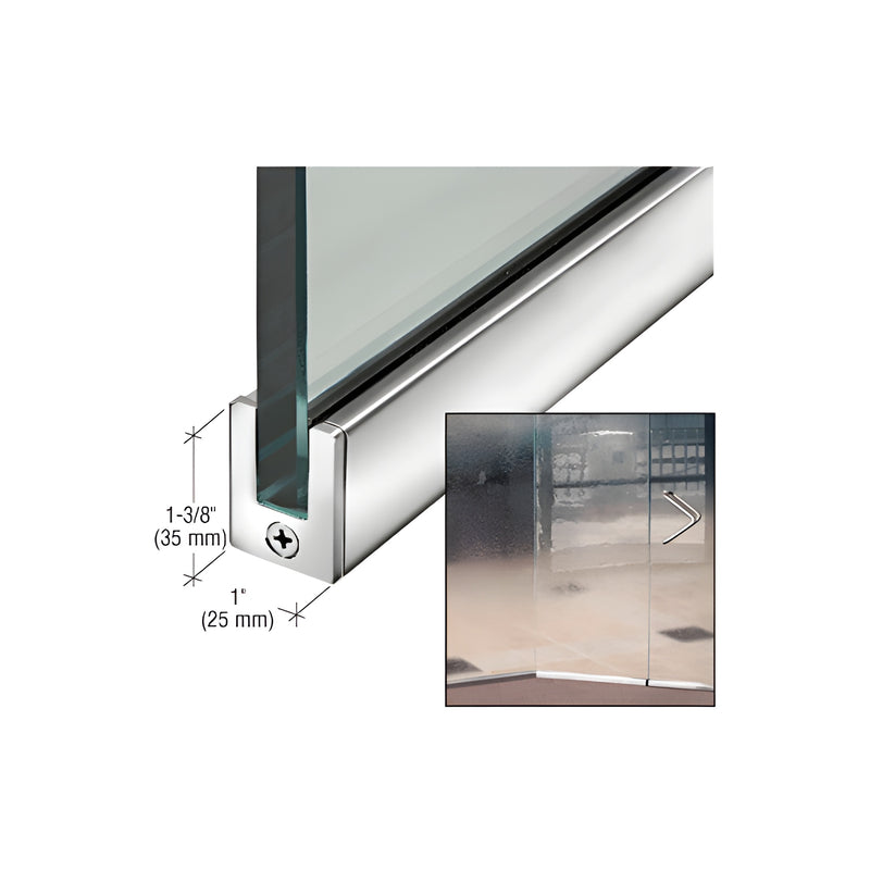 A polished stainless steel slender profile door rail securing a 1/2 inch glass panel with visible dimension markings.