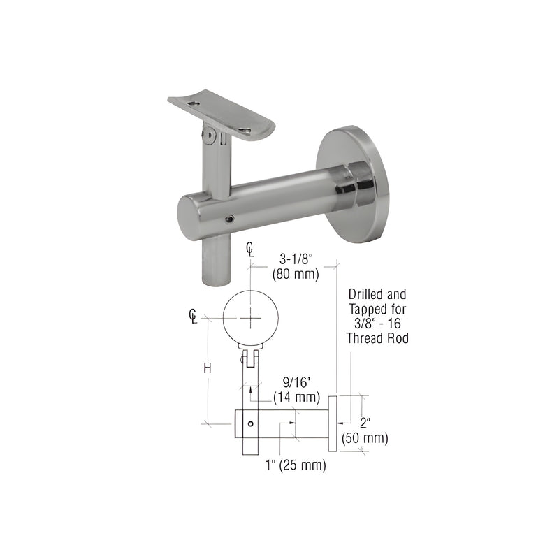 A brushed stainless steel adjustable wall-mounted hand rail bracket shown with a technical diagram indicating a 3-1/8 inch projection.