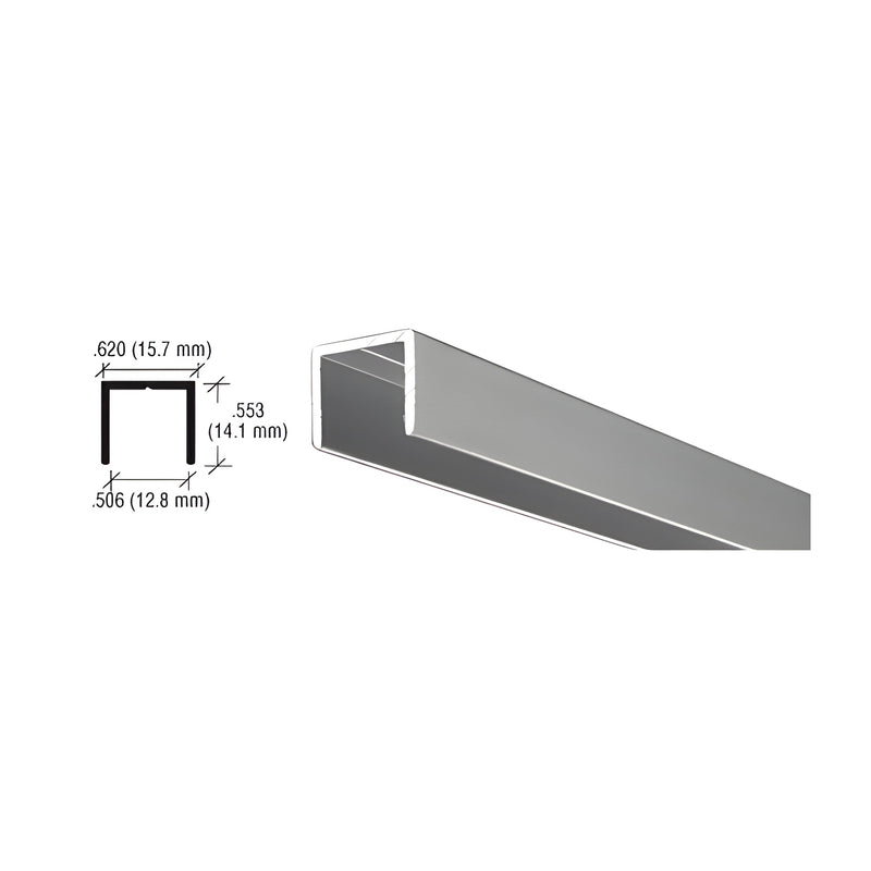 A technical diagram and perspective view of a satin anodized aluminum U-channel showing its 0.506-inch open width and 0.553-inch height.