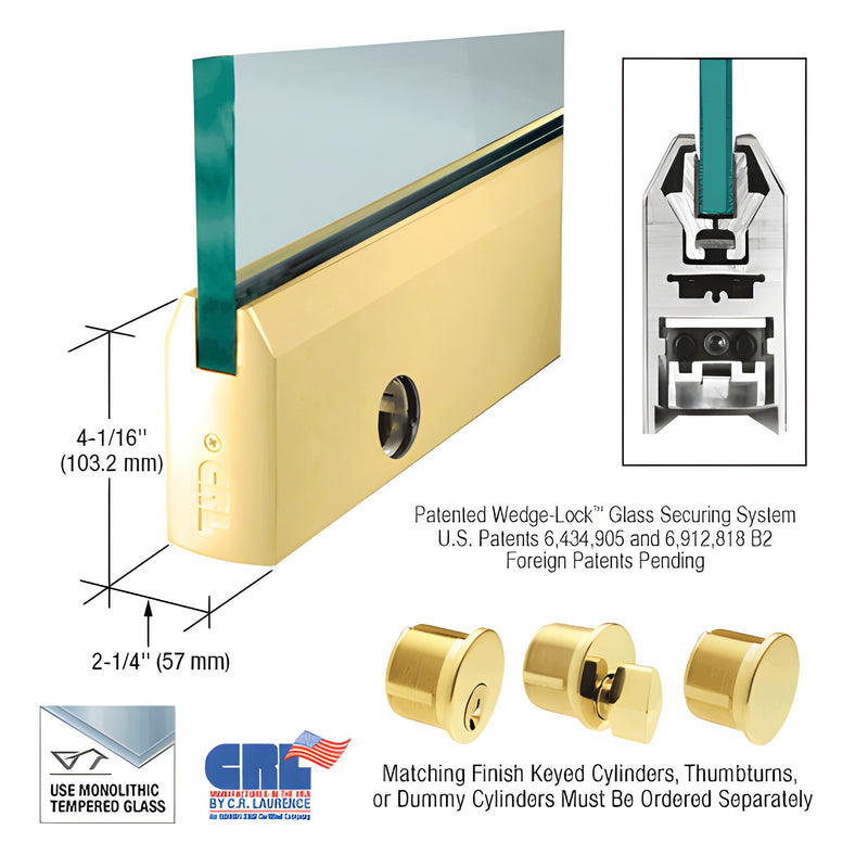 A polished brass tapered door rail for 3/4 inch glass shown with a cross-section view and cylinder hole prep.