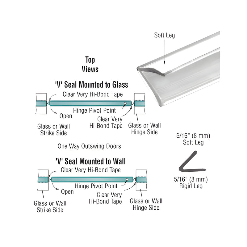 A technical diagram showing the CRL translucent vinyl V-seal mounted to glass or wall surfaces with pre-applied tape.