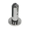 A polished stainless steel round surface mount friction fit spigot for glass railing systems.