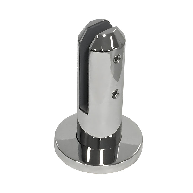 A polished stainless steel round surface mount friction fit spigot for glass railing systems.